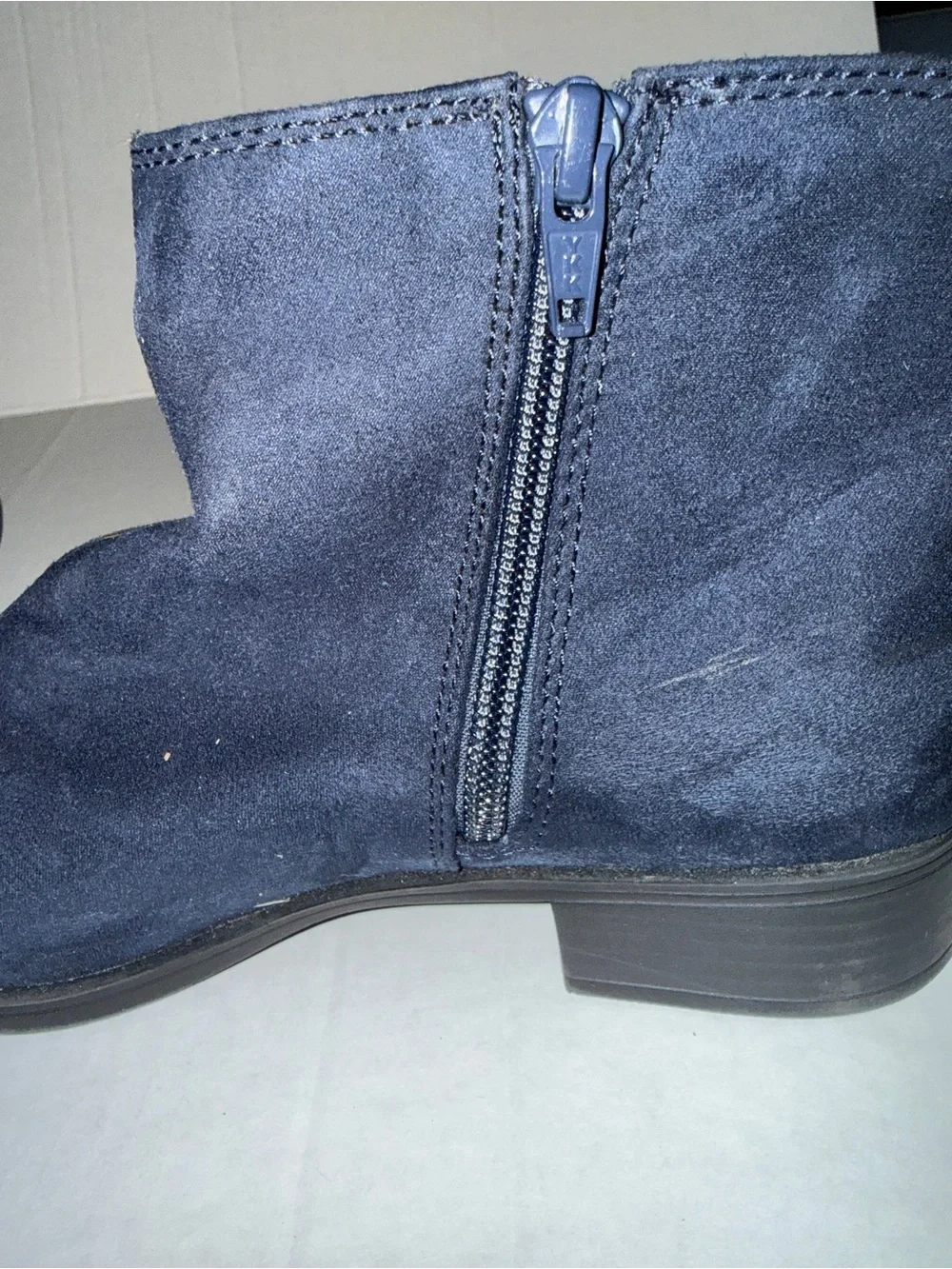 SO Navy Suede Ankle Booties with Elastic Gore